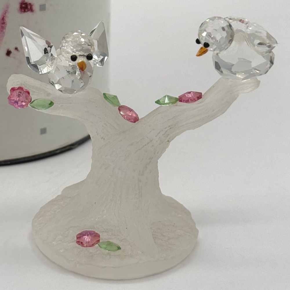 Crystal World Song Birds Figurine on Tree Branch Pink Green